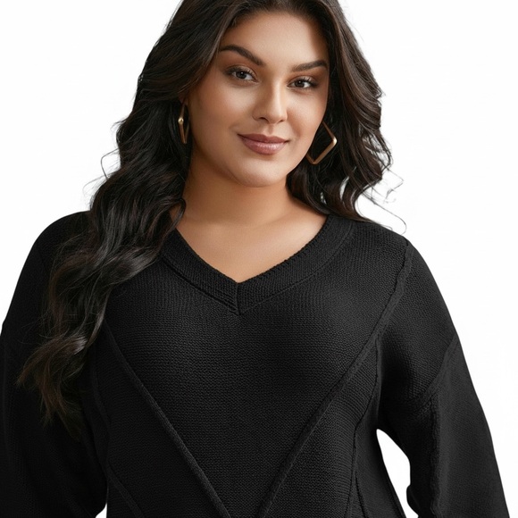 Bloomchic V Neck Cable Knit Texture Pullover Black Sweater 100% Acrylic - Picture 4 of 12